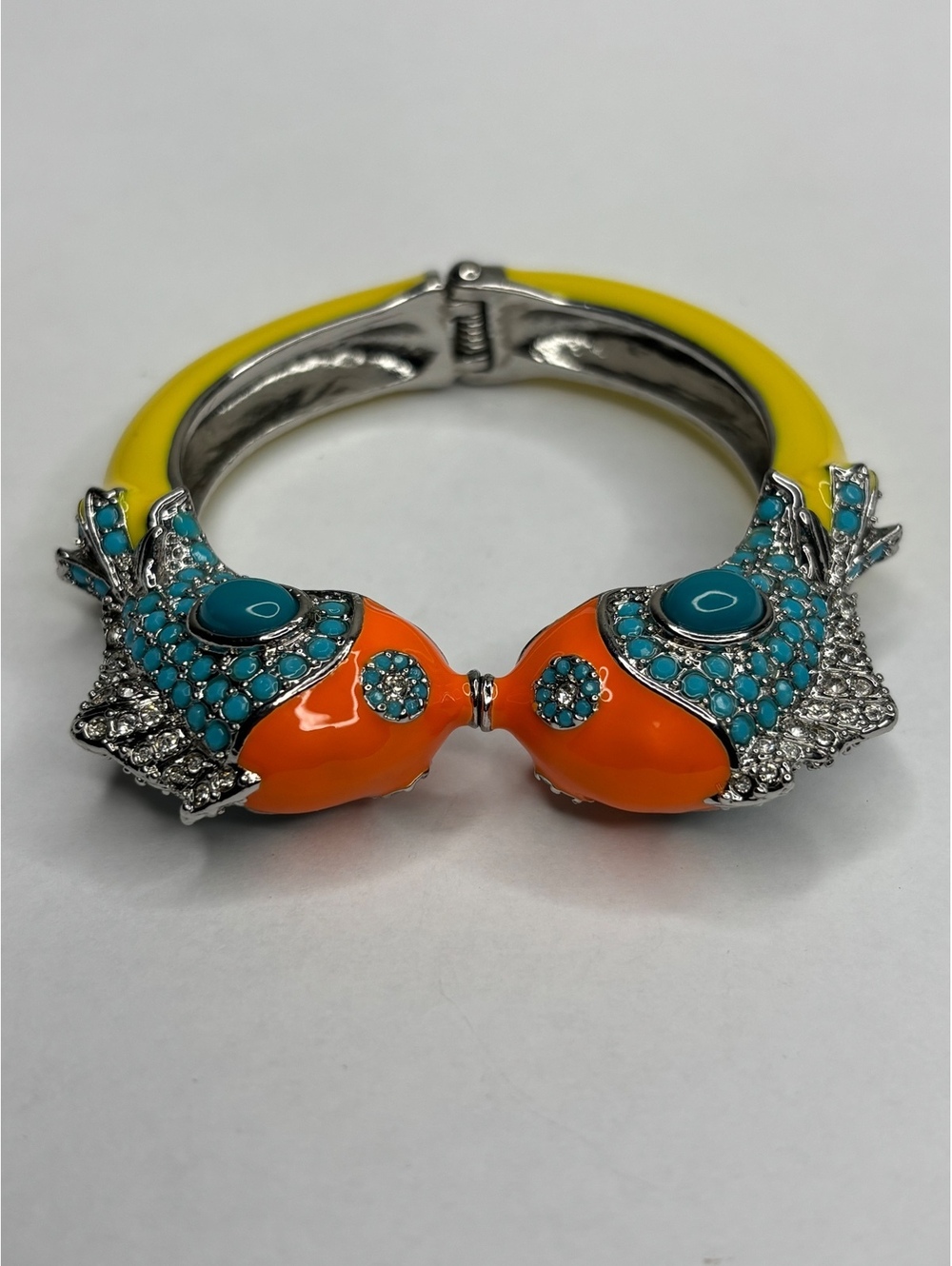 Vintage Kissing Fish Yellow Blue Orange Rhinestone Hinge Bracelet